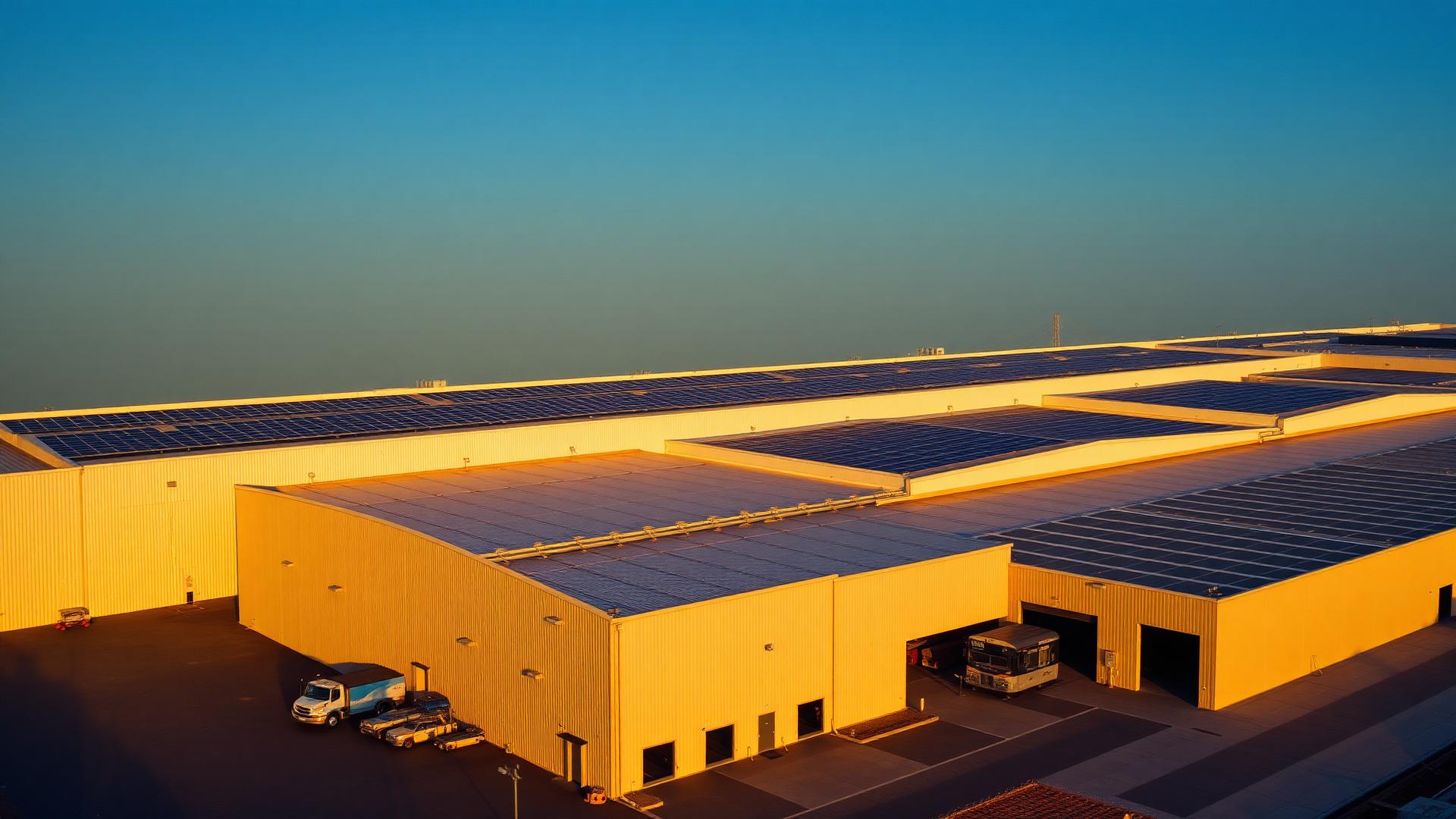 Aerial view of commercial solar panels on a West Midlands industrial estate roof
