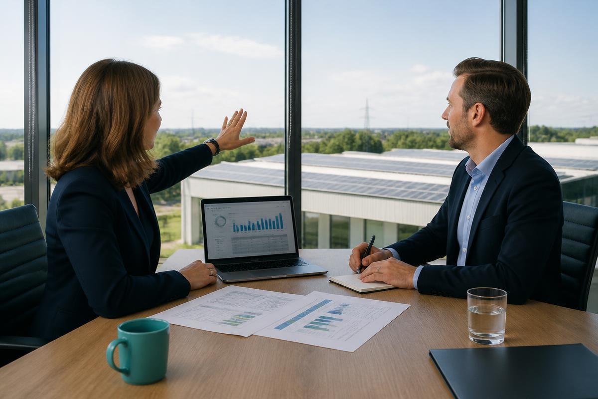 A UEG adviser and a partner reviewing a commercial solar proposal together, with solar panels visible on the rooftop outside