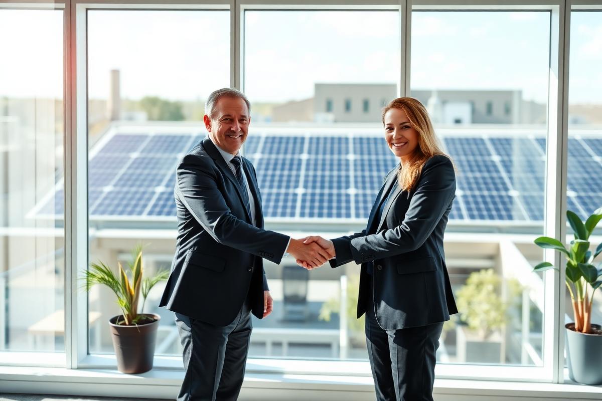 A professional adviser shaking hands with a client, with a commercial solar rooftop visible through the window