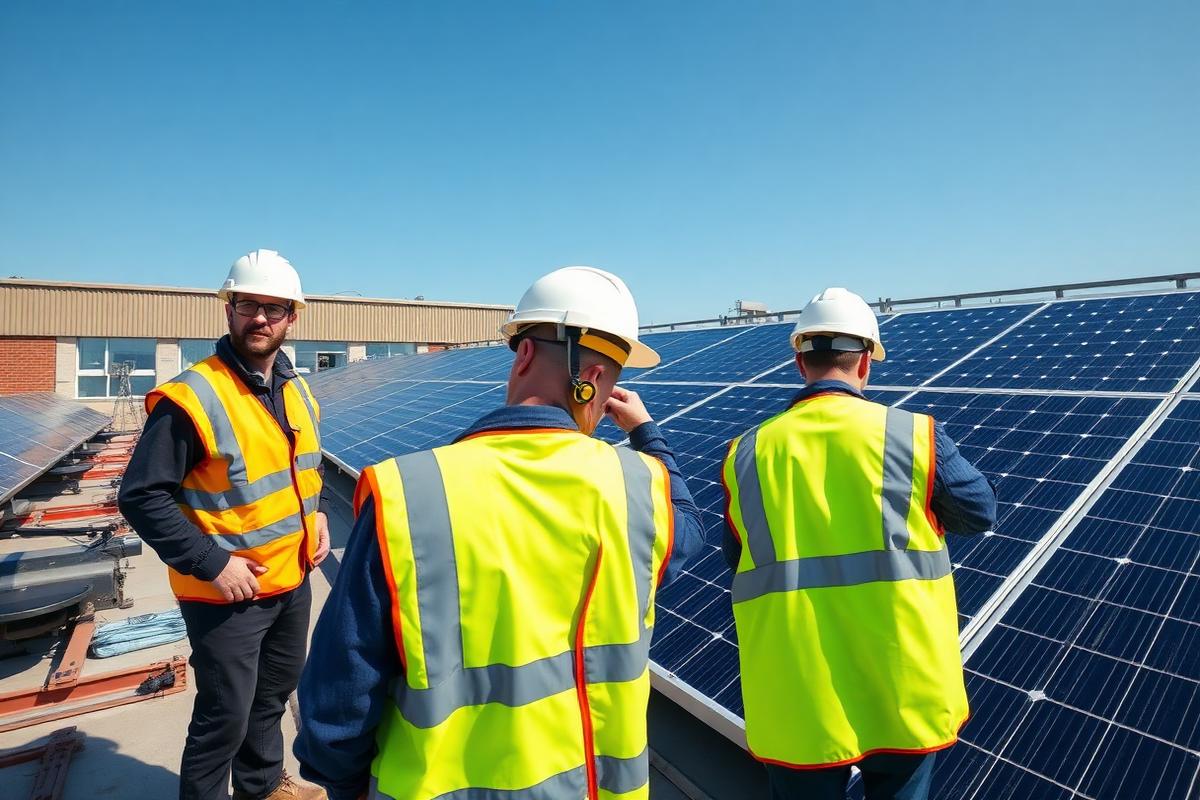 UEG engineers in hi-vis installing a commercial solar panel array on a warehouse rooftop